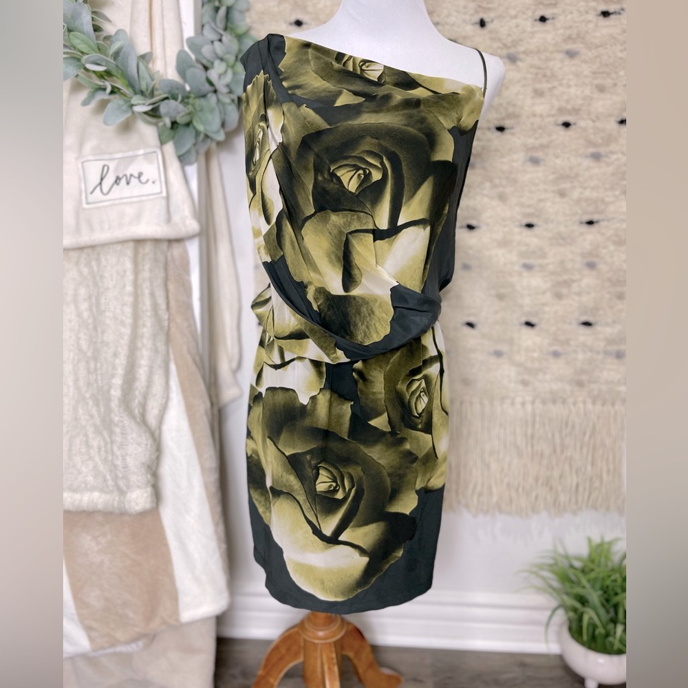 Robert Rodriguez green floral one shoulder silk dress size 2